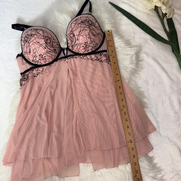 Auden Large Rose Push Up Babydoll Lingerie Coquette Pink Black Lace Underwire - Picture 14 of 14